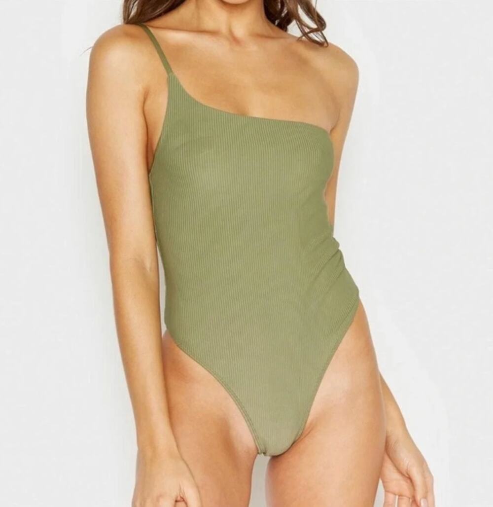 Frankie’s Bikinis Eliza Ribbed One Shoulder One Piece Olive Green Swimsuit Large